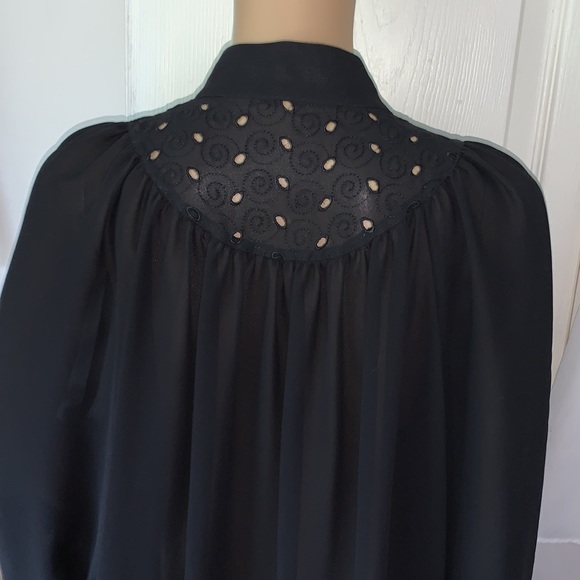Vtg black mandarin collar eyelet trim France button down Secretary blouse M - Picture 2 of 15